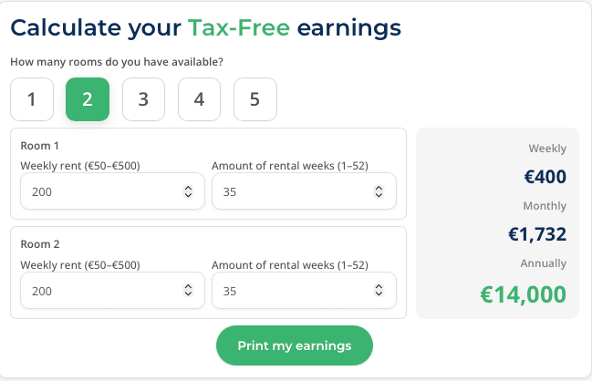 The Rent-a-Room Calculator showing weekly, monthly, and annual tax-free earnings