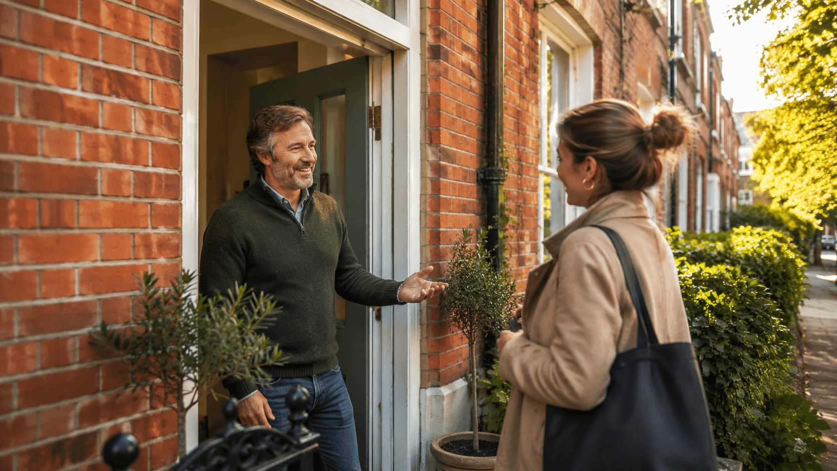 A host welcoming a tenant at the front door