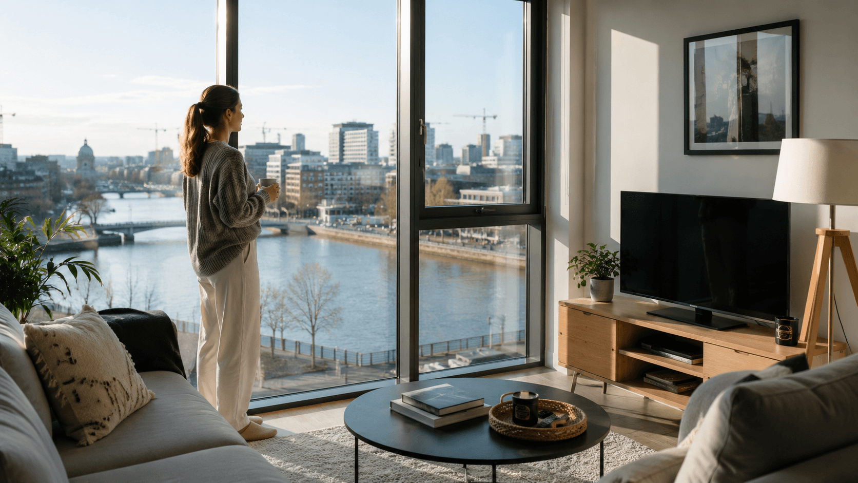 A tenant looking out over an Irish city from their new home