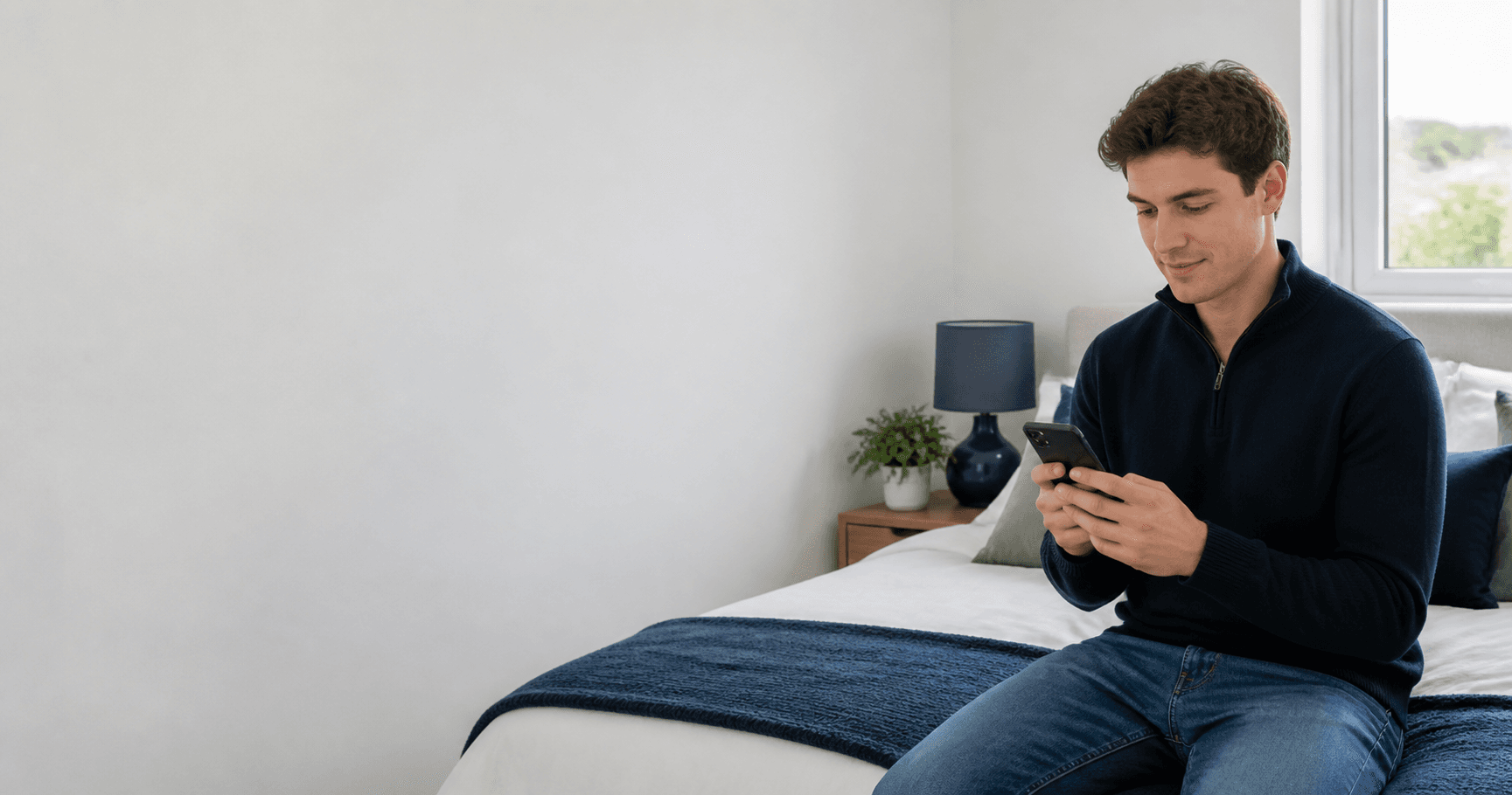 A prospective EazyRoom tenant using a phone in a furnished bedroom